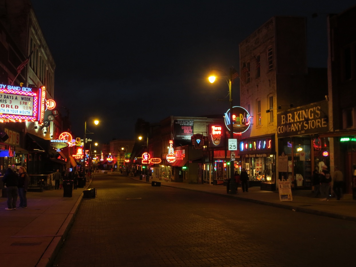 Beale Street at night.