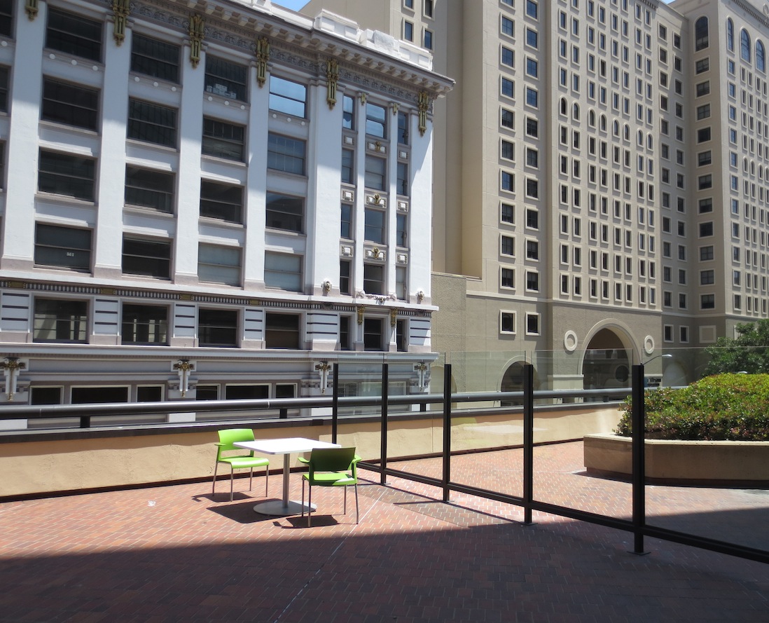 Outdoor table on the balcony at EvoNexus