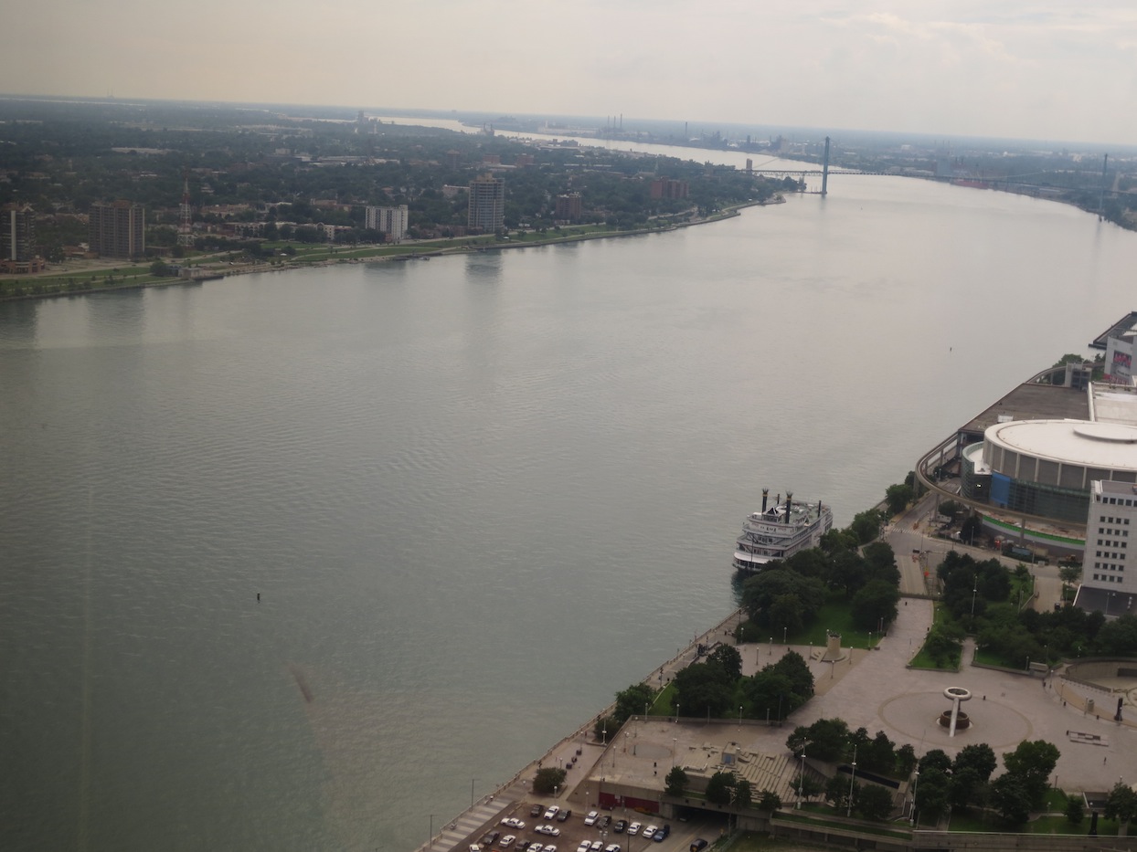 High up view looking on the river that separates Detroit from Canada.