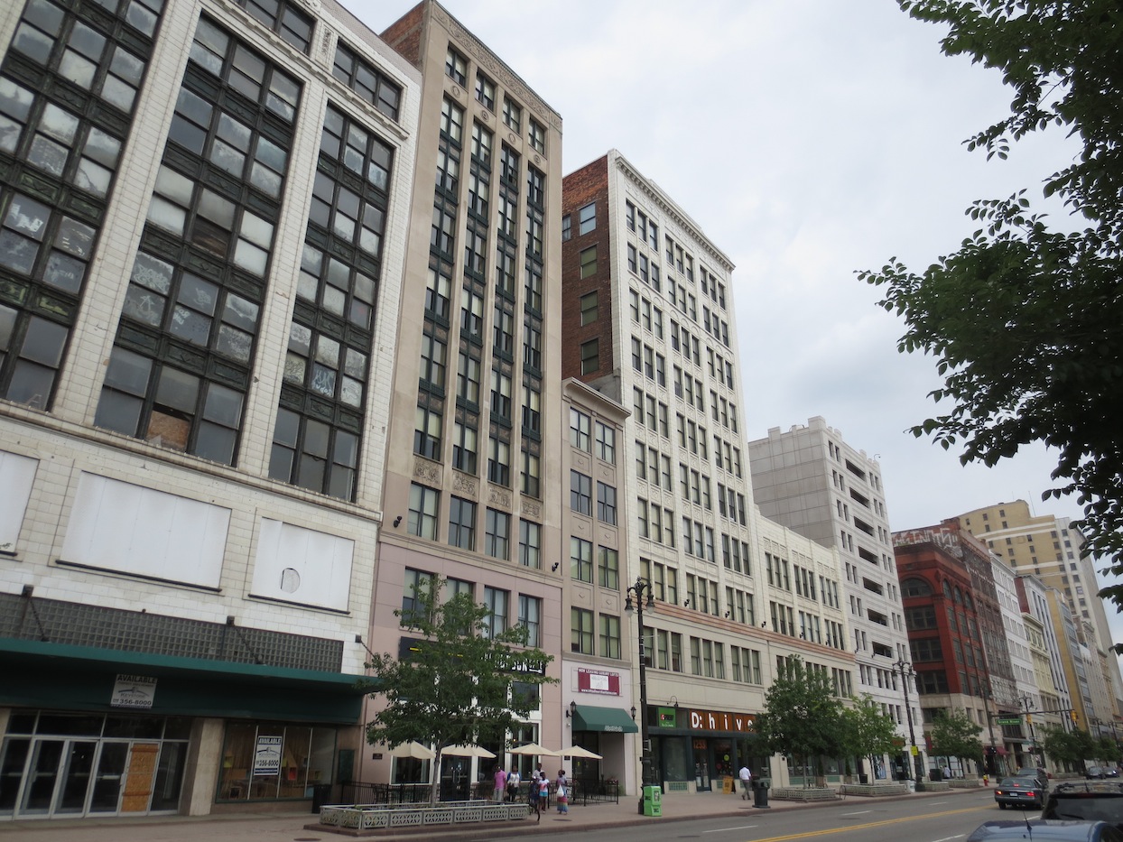 Closer view of buildings in downtown Detroit.