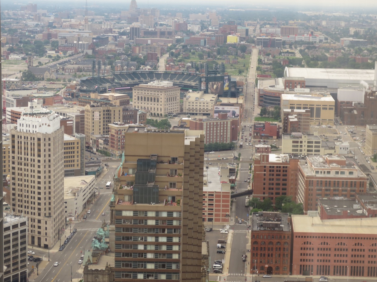 A view of downtown Detroit with Tigers stadium in the middle.