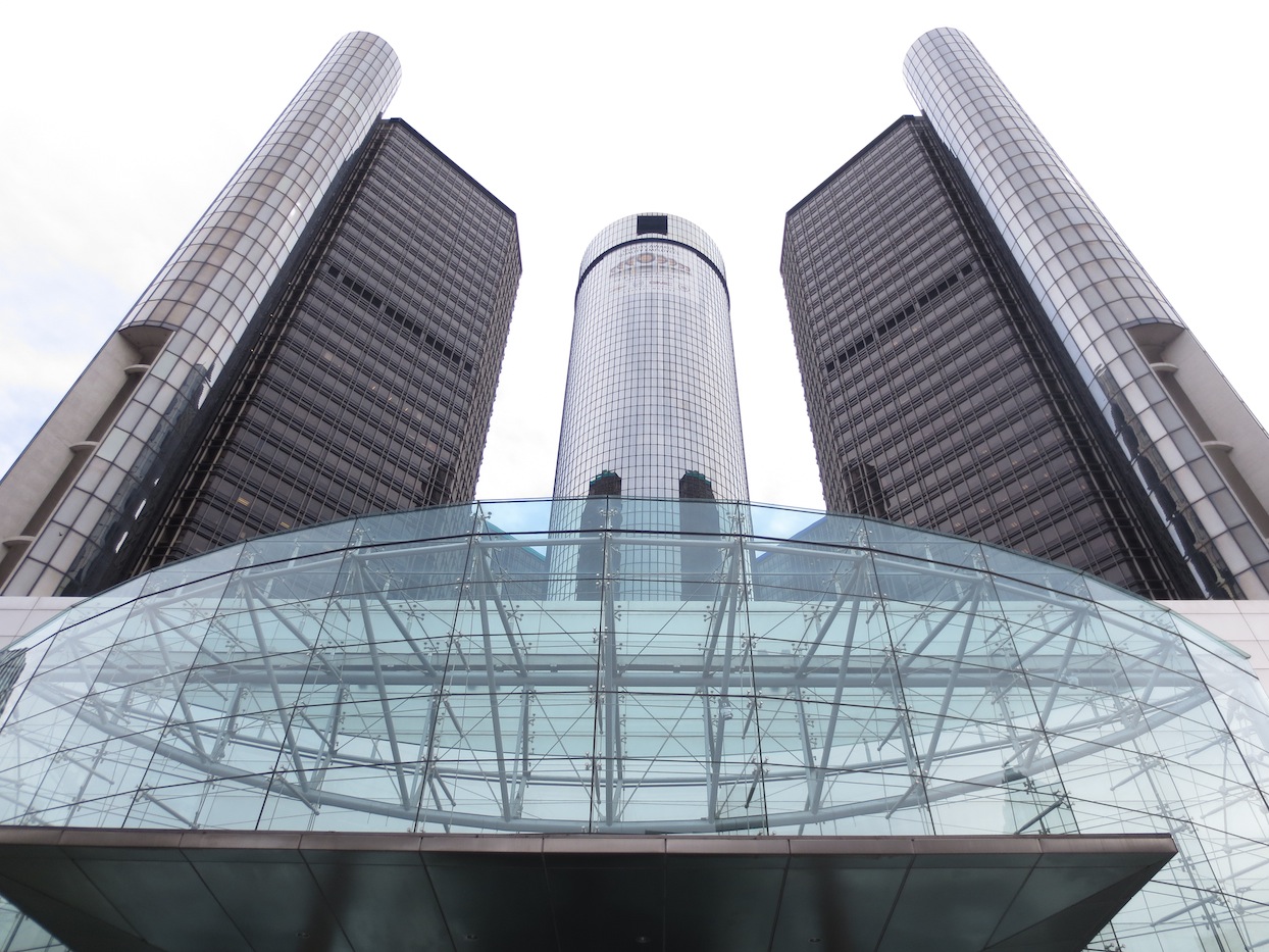 Looking up at the Renaissance Center which houses GM's headquarters.