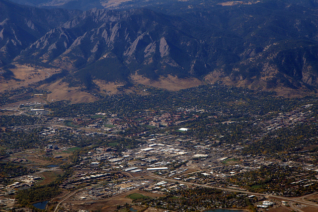 Aerial view of Boulder, Colorado downtown and the university