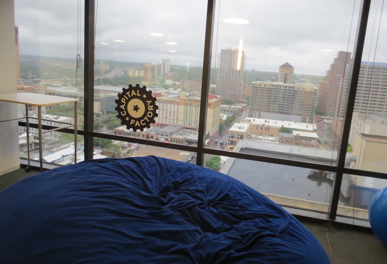 A beanbag and the view of downtown