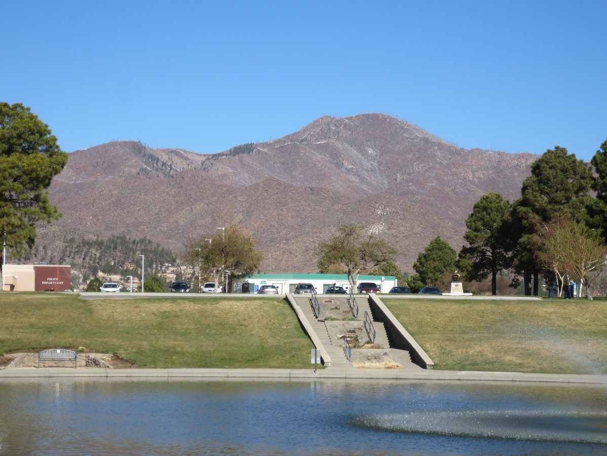 A view of the mountains from Ashley Pond in Los Alamos.