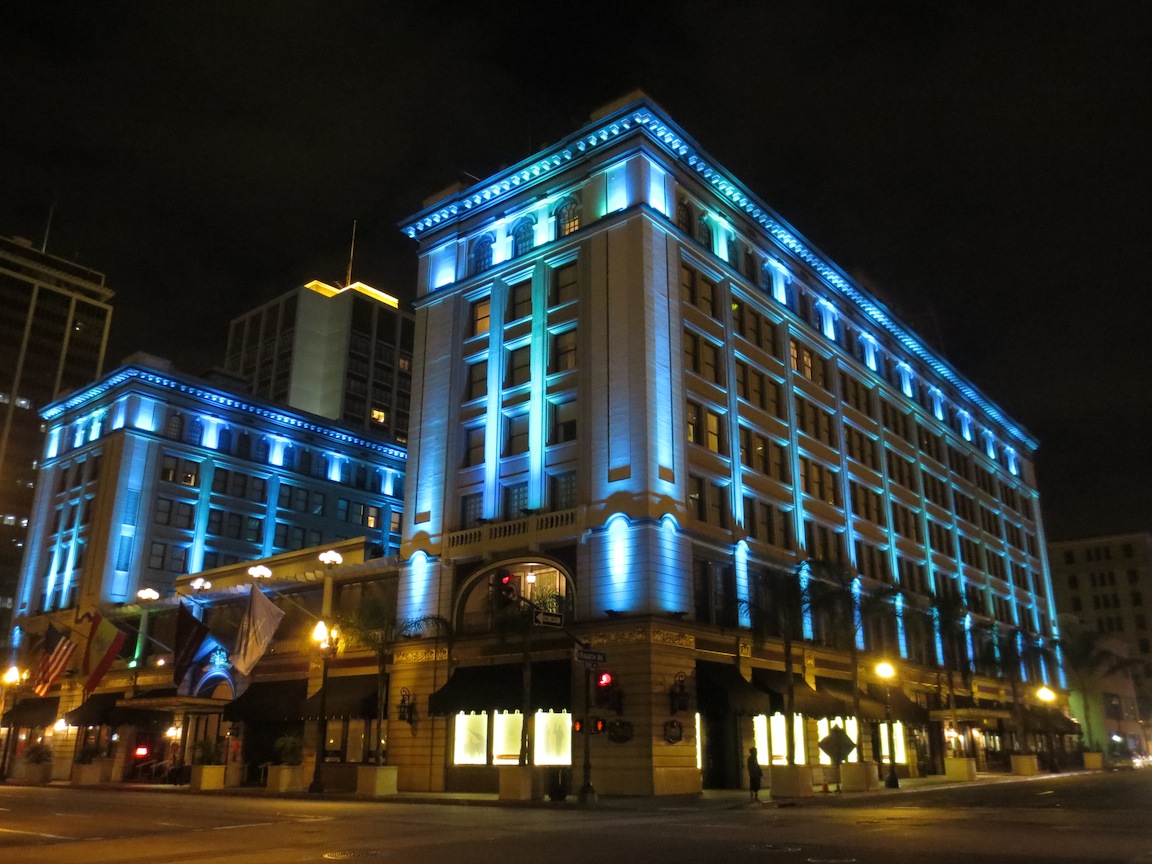 US Grant hotel lit up at night
