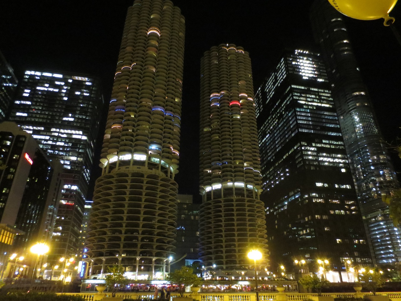 Iconic Chicago buildings at night.