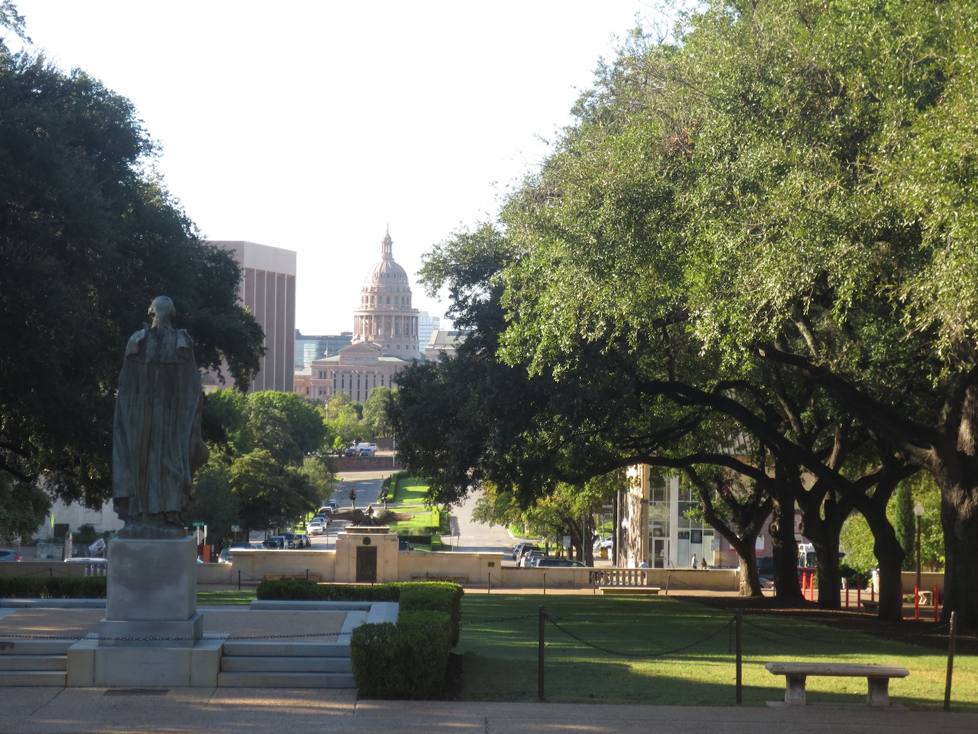 Statue of George Washington overlooking the Austin Capitol building.