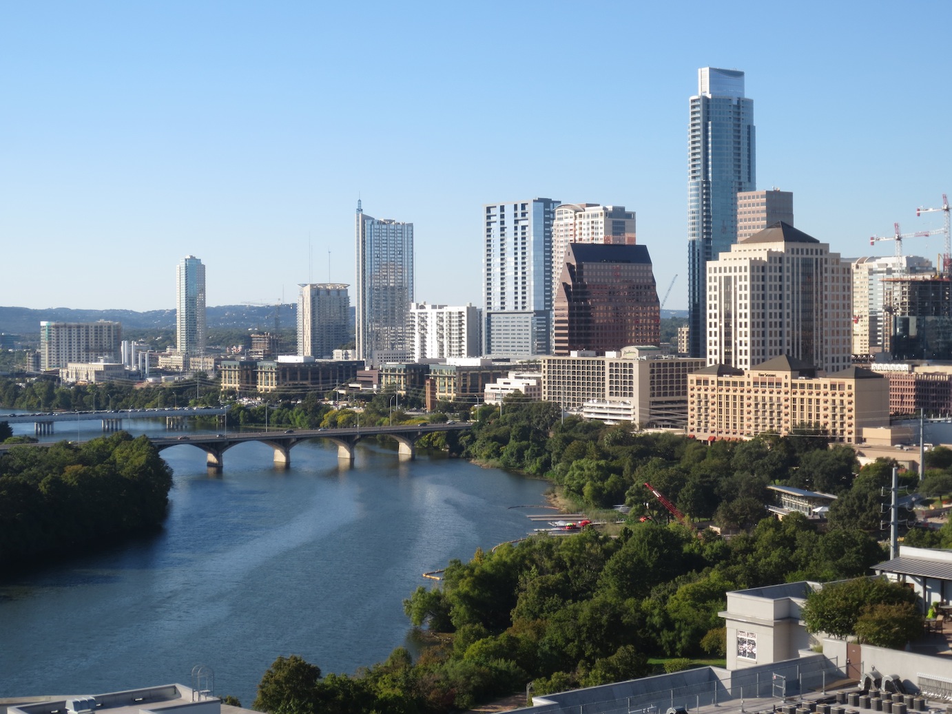 Austin downtown skyline from a Rainey Street highrise